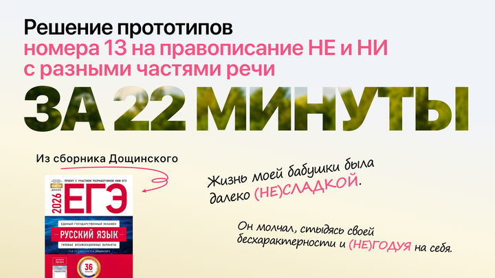 Видеоконспект. №13. Правописание НЕ/НИ с разными частями речи. Сборник под редакцией Р.А. Дощинского (36 вариантов)