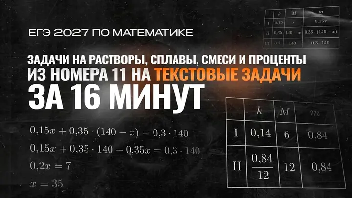 Видео-конспект | №11 | Задачи на растворы, сплавы, смеси и проценты